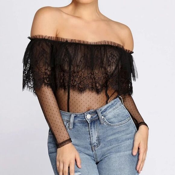NEW Windsor Sheer Black Lace Bodysuit size Medium - Picture 2 of 16